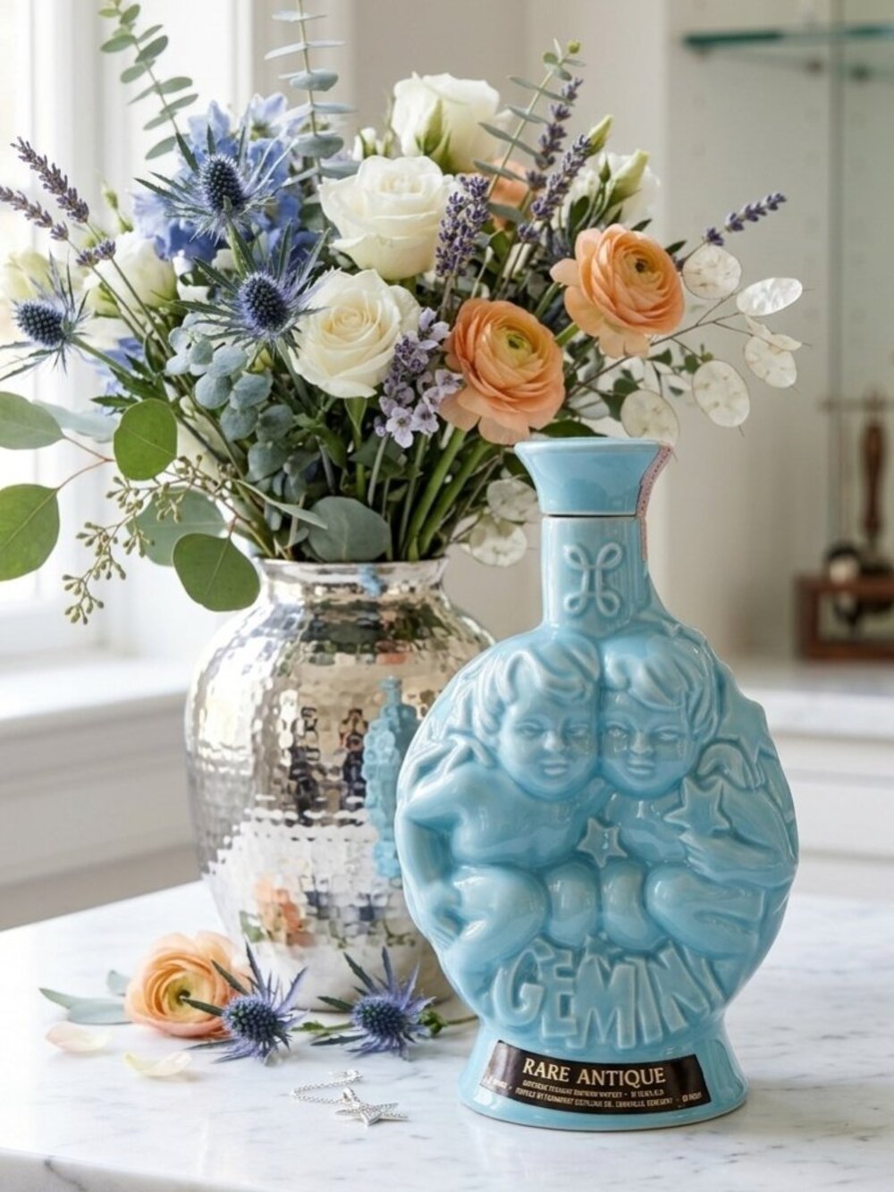 VTG 1970 Rare Antique Zodiac Series Blue Ceramic Decanter - Gemini & Sagittarius